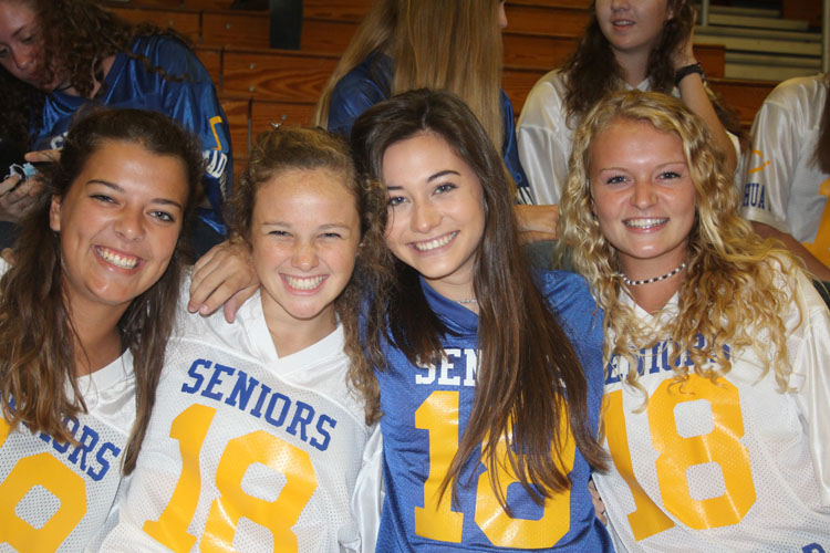 Seniors: Anna Goggans, Gracie Hand, Margaret Hill, and Mary Collins West are pumped for the first school pep rally of the year!
