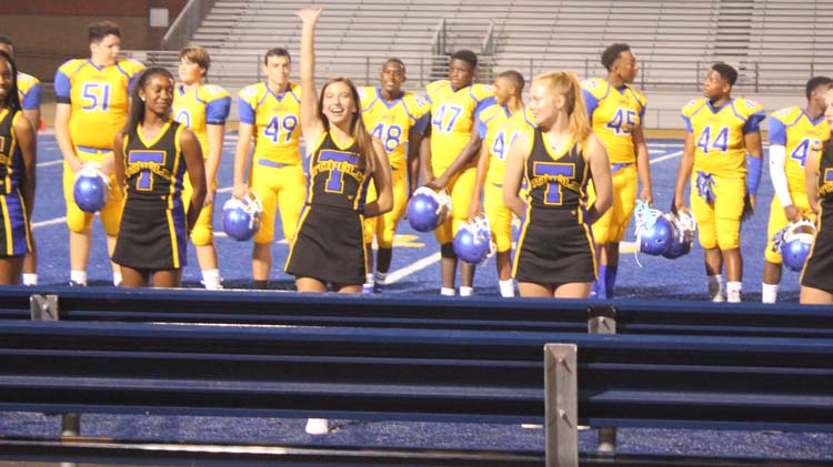 Cheerleaders being introduced after Jamboree game against Amory