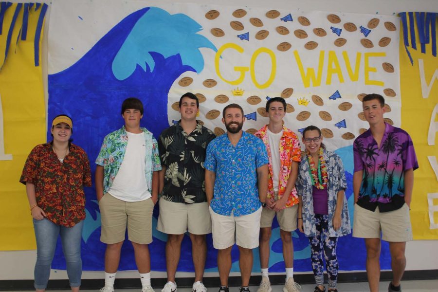 Coach Davis with his class posing for Hawaiian day