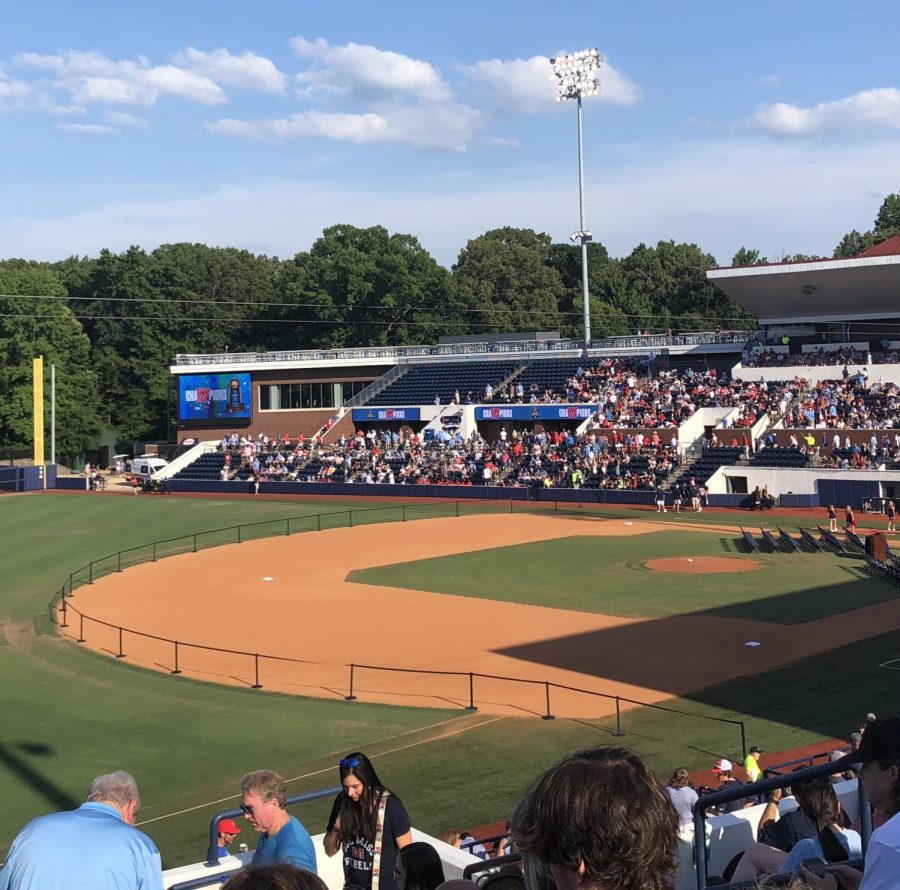 Swayze Field in Oxford, Miss,. fills up June 29, 2022, as fans prepare to celebrate the Ole Miss baseball team’s first NCAA national championship.