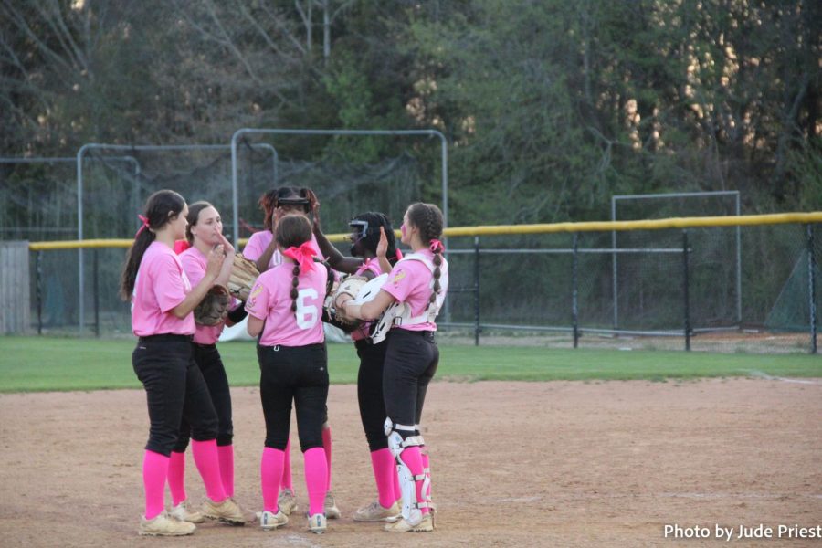 THS softball players huddle up to prepare for the next inning.
