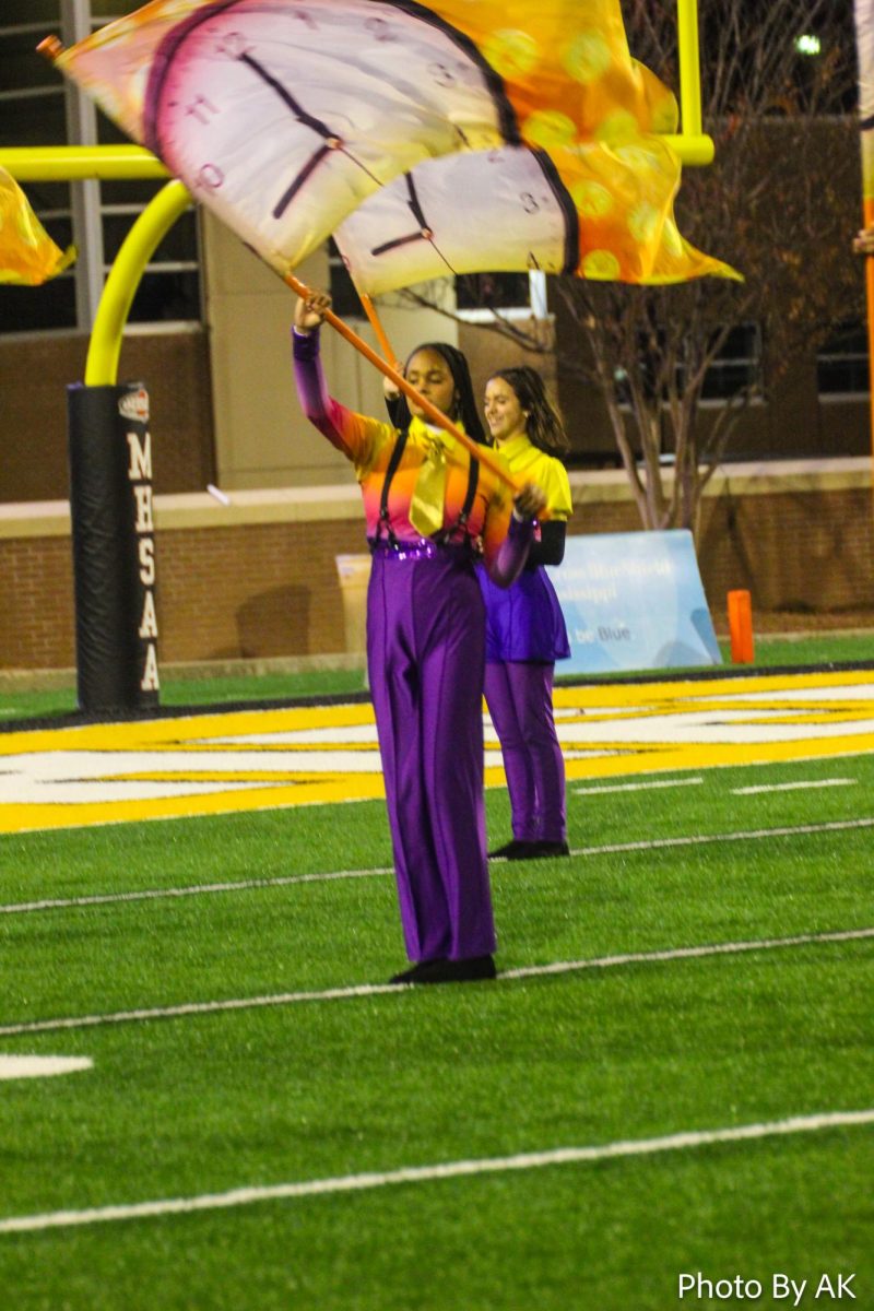 Color Guard performs at halftime of the state championship football game. 