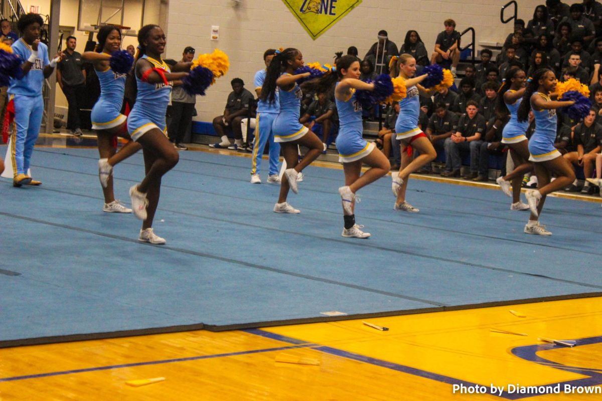 Cheer hyping up the students at the pep rally.