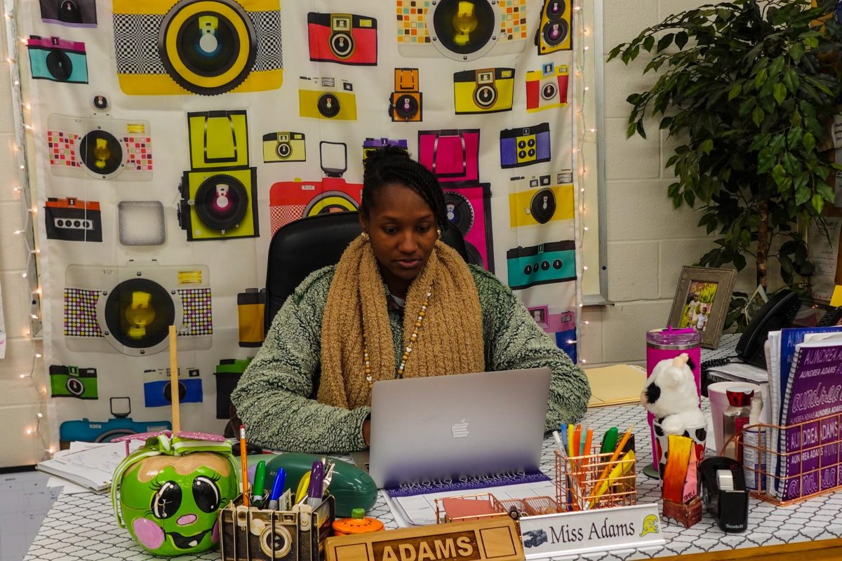 Ms Adam's on her laptop